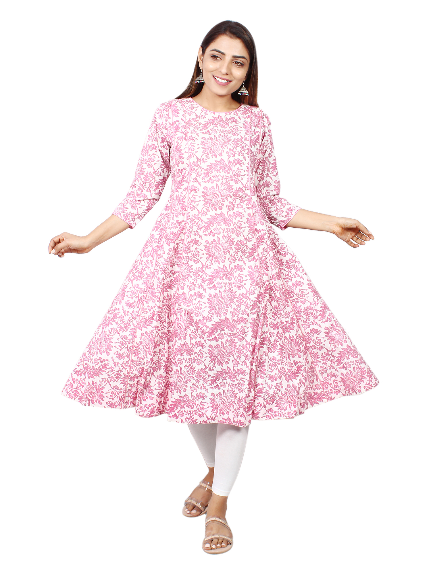 Traditional Floral Butti Printed Anarkali Ensemble